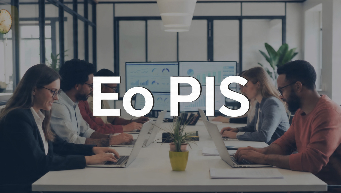 People working collaboratively in a modern office with laptops and large screens displaying business analytics, representing the Eo PIS system for data-driven decision-making.