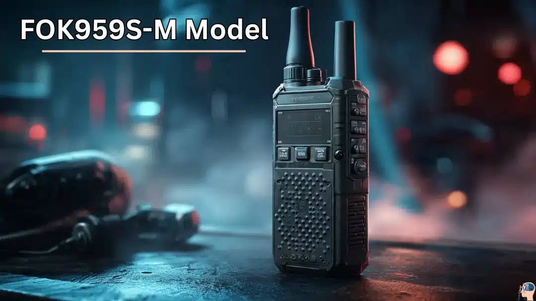 FOK959S-M Model walkie talkie in a vibrant, urban setting with glowing lights and fog.