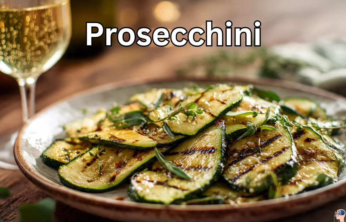 Prosecchini: Grilled zucchini slices with fresh herbs, paired with sparkling prosecco, set on a rustic wooden table.