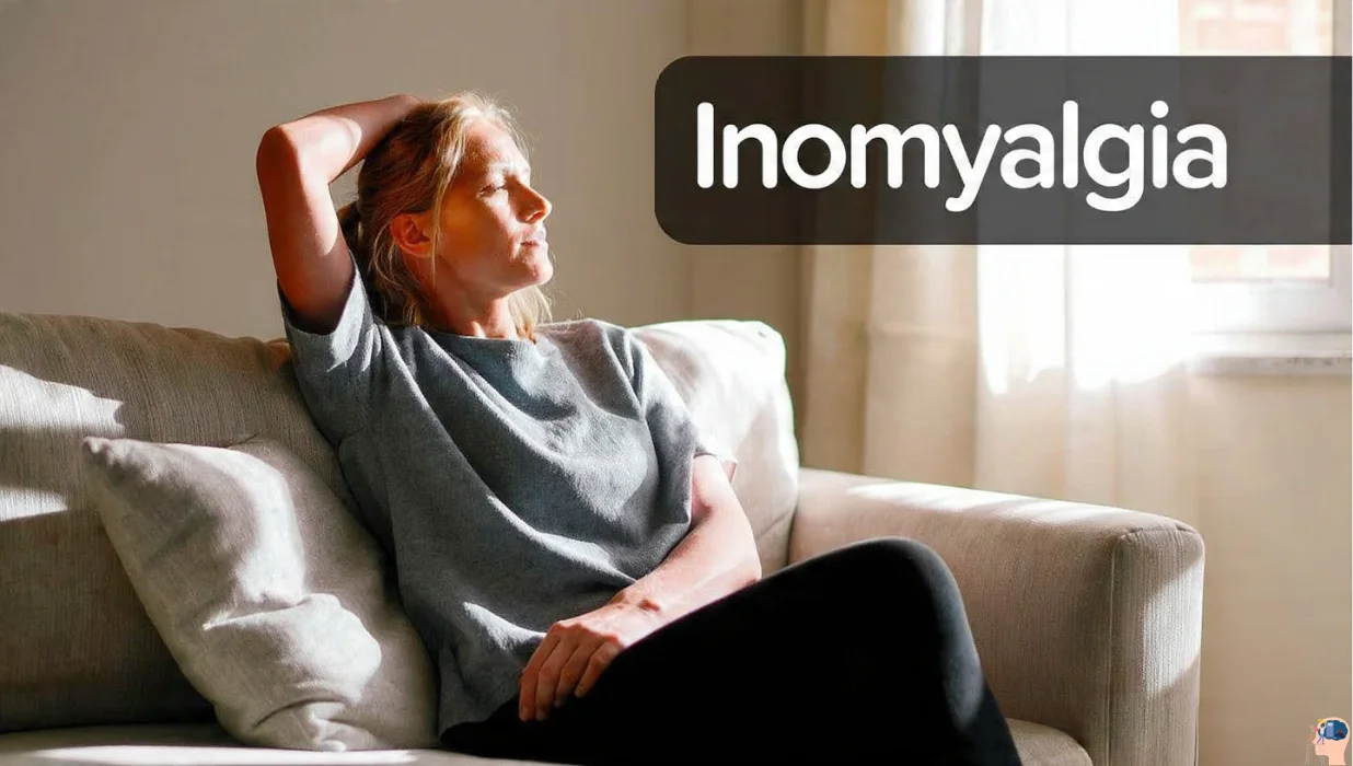 A woman sitting on a couch massaging her shoulder with sunlight streaming through a window — symbolizing calm and self-care for Inomyalgia.