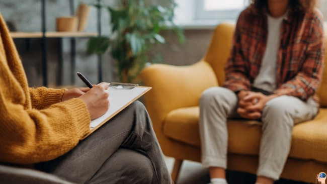 A therapist taking notes while talking with a patient during a counseling session, focusing on mental health support for Inomyalgia.