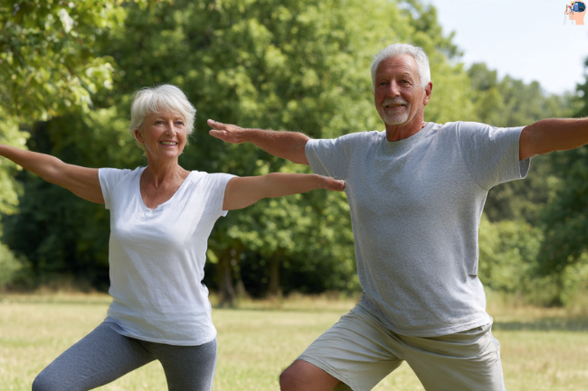 Senior couple practicing yoga outdoors in a sunny park, representing active aging, flexibility, and joint wellness supported by Osteopur.