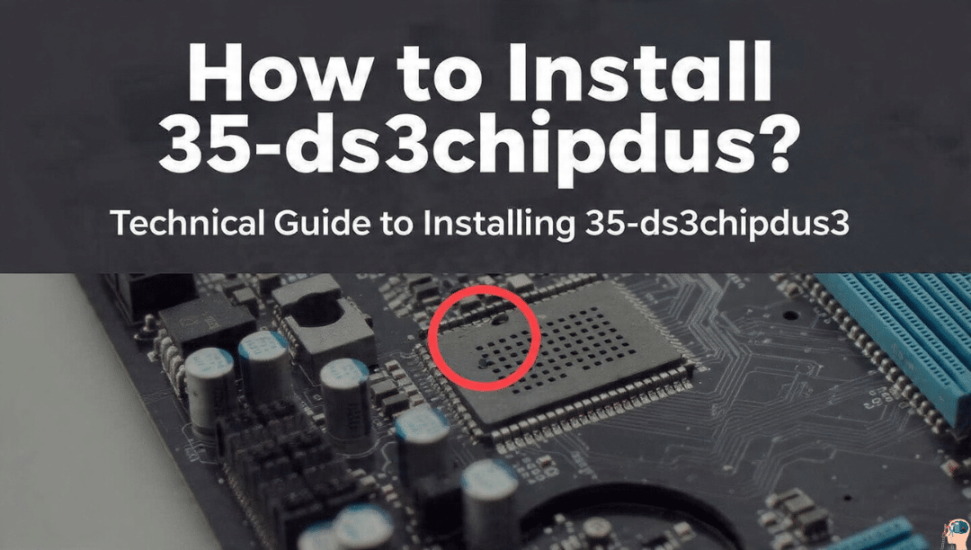 How to Install 35-ds3chipdus3? Close-up of a motherboard highlighting the installation area for the 35-ds3chipdus3 chip, with a technical guide subtitle.
