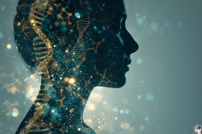 Abstract digital art of a human profile merged with golden DNA strands and molecular structures symbolizing Ariel Gonzalez Platinum Health holistic science approach.