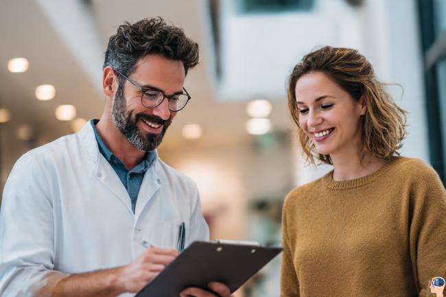 Healthcare professional reviewing diagnostic results with a smiling client during an initial assessment at Ariel Gonzalez Platinum Health.