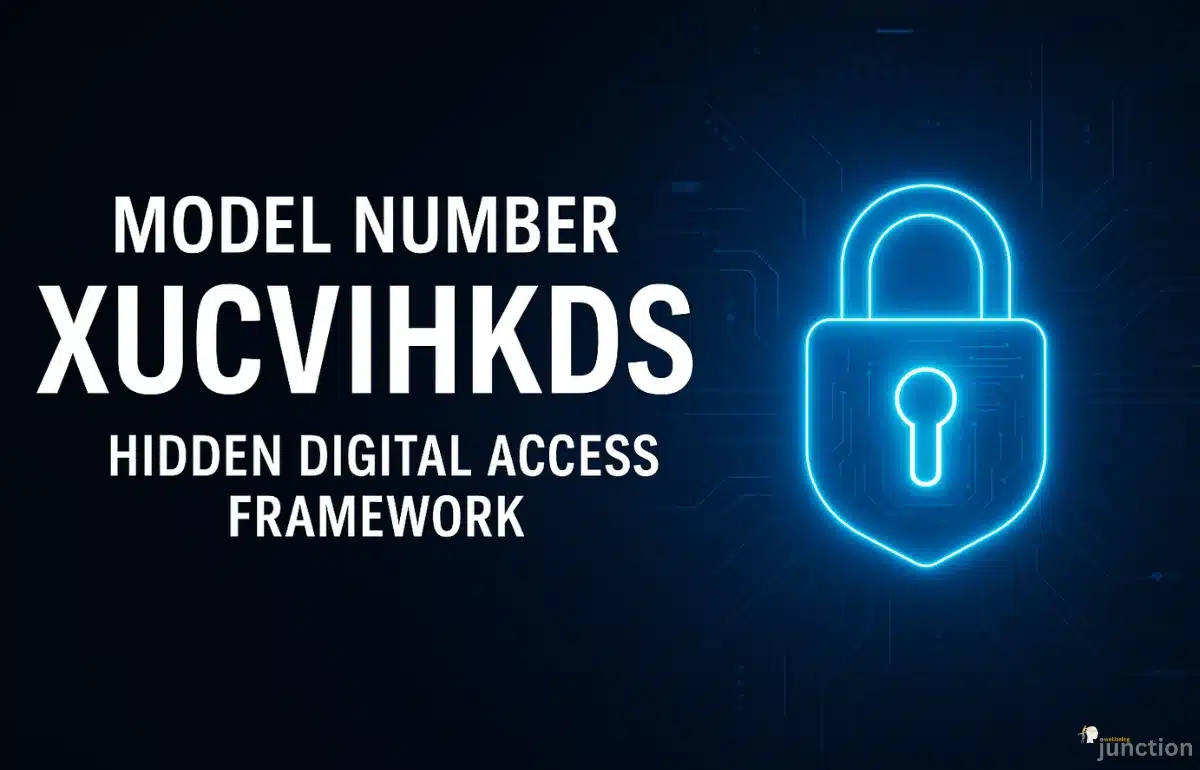 Futuristic digital lock illustration representing Model Number XUCVIHKDS secure access system with glowing blue neon effects on a dark background.