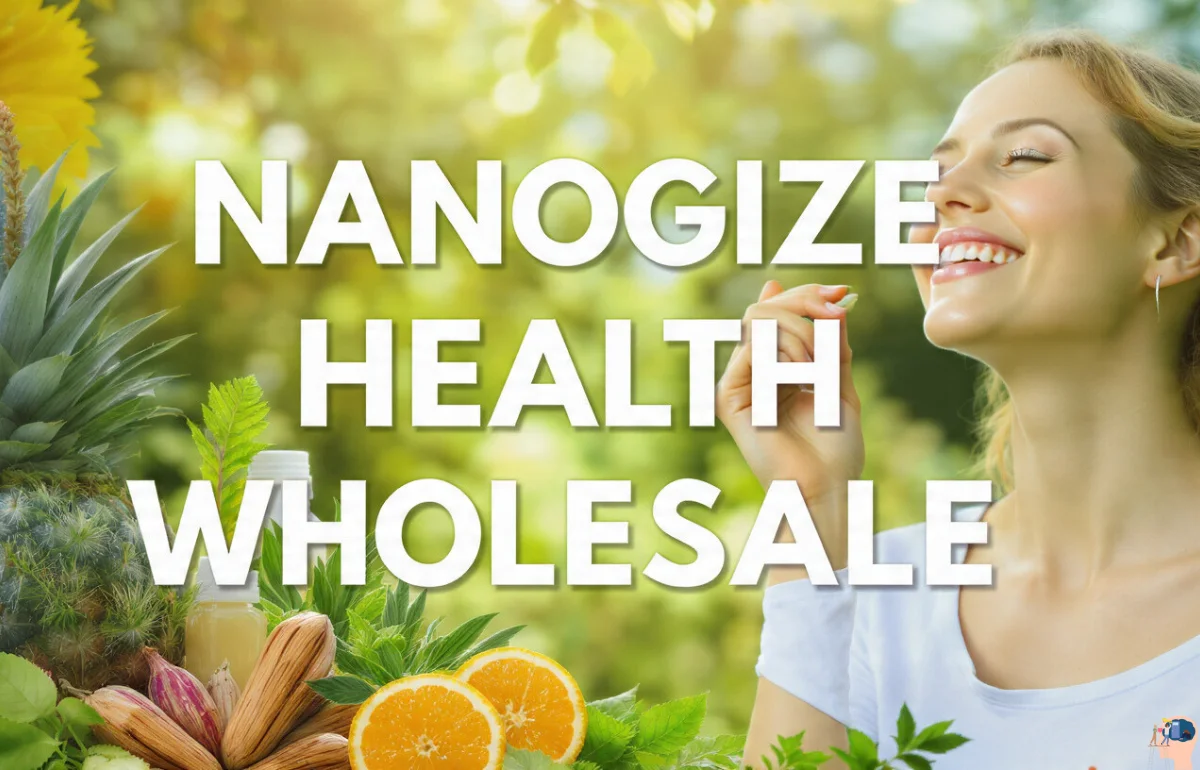 Nanogize Health Wholesale – A woman enjoying wellness supplements with natural ingredients like pineapple, orange, and herbs.