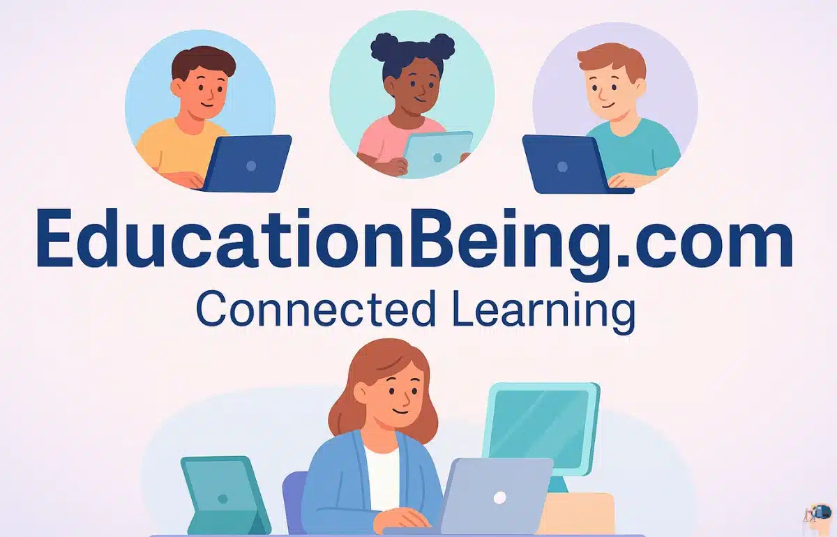 Illustration showing a teacher on a laptop with students learning online in bubbles around her, representing EducationBeing com’s connected and interactive learning platform.