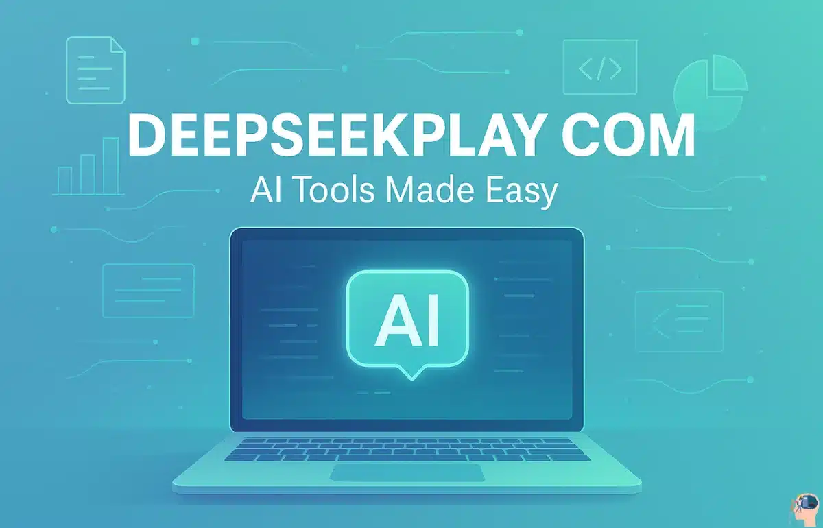 Futuristic workspace with a glowing laptop screen showing AI interface and the text “Deepseekplay com – AI Tools Made Easy” in bold font.