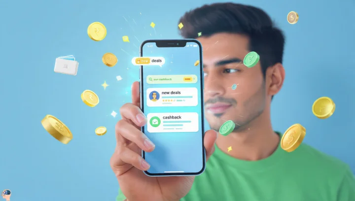 Anutips Online user checking new deals and cashback offers on smartphone surrounded by coins and wallet icons