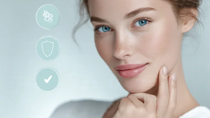 Close-up of a woman with glowing skin, symbolizing the safety and effectiveness of Carbomer in skincare.