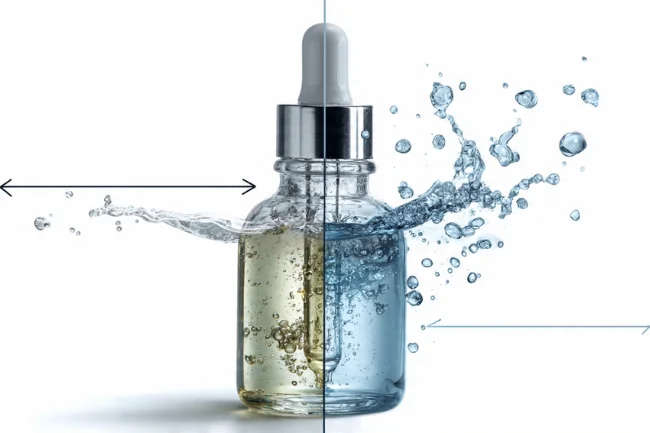 Image of a glass dropper bottle with Carbomer in skincare, showing oil and water separation with emulsifier effect