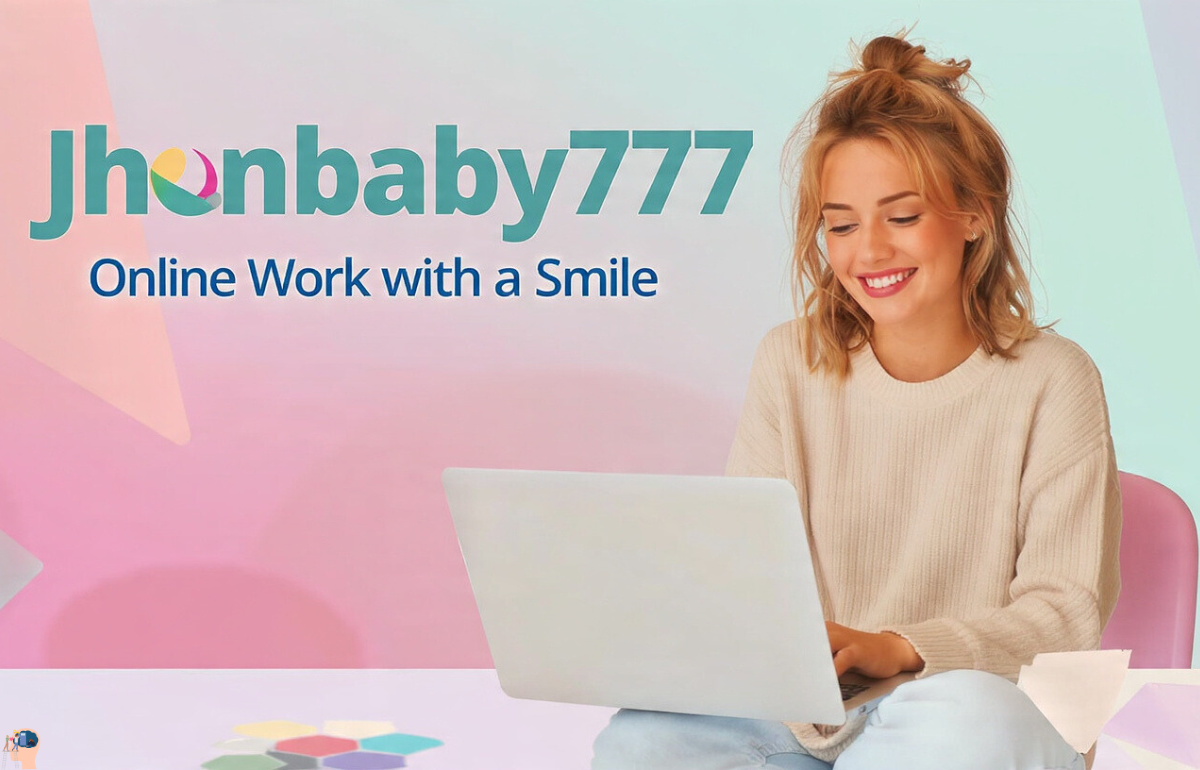 Jhonbaby777 online work with a smile – a cheerful woman using a laptop in a pastel workspace, symbolizing creativity and success.
