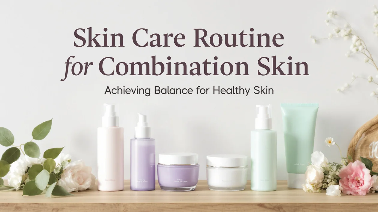 Skin care routine for combination skin with cleanser, moisturizer, and sunscreen on a wooden surface with flowers.