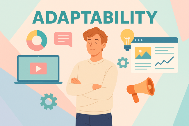 Jhonbaby777 embracing adaptability – a confident person surrounded by digital screens and icons representing innovation and online growth.