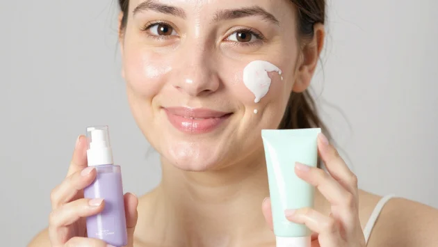 Young woman demonstrating a skin care routine for combination skin, holding an oil cleanser and water cleanser while applying product to her face.