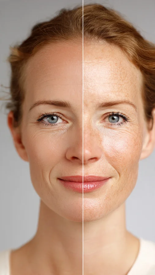 Split-face image showing the difference between oily T-zone and dry cheeks, representing the skin care routine for combination skin.