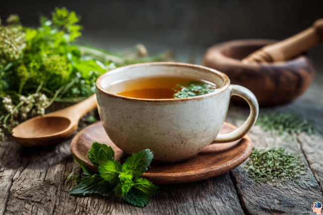 Dympigal herbal tea in a rustic cup with fresh green leaves and wooden spoon on a natural background