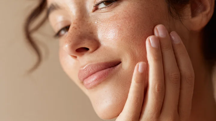 Woman gently touching her face with a calm expression, showcasing anti-inflammatory skin care routine