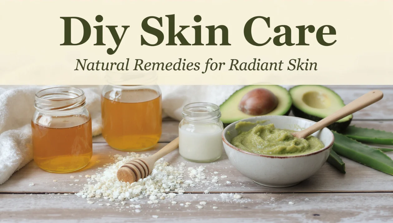 DIY skin care ingredients including honey, oatmeal, coconut oil, avocado, and aloe vera with a homemade mask in a bowl on a wooden surface.
