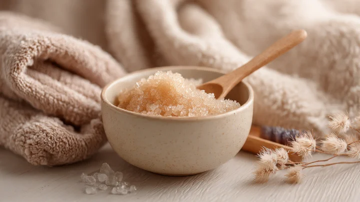 A bowl of gentle sugar scrub with a wooden spoon, surrounded by soft beige towels and dried flowers for a cozy DIY skincare setup.