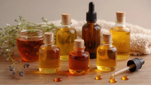 An assortment of natural oils in glass bottles, including essential oils and carrier oils, displayed with a dropper and fresh lavender, highlighting organic DIY skin care ingredients.