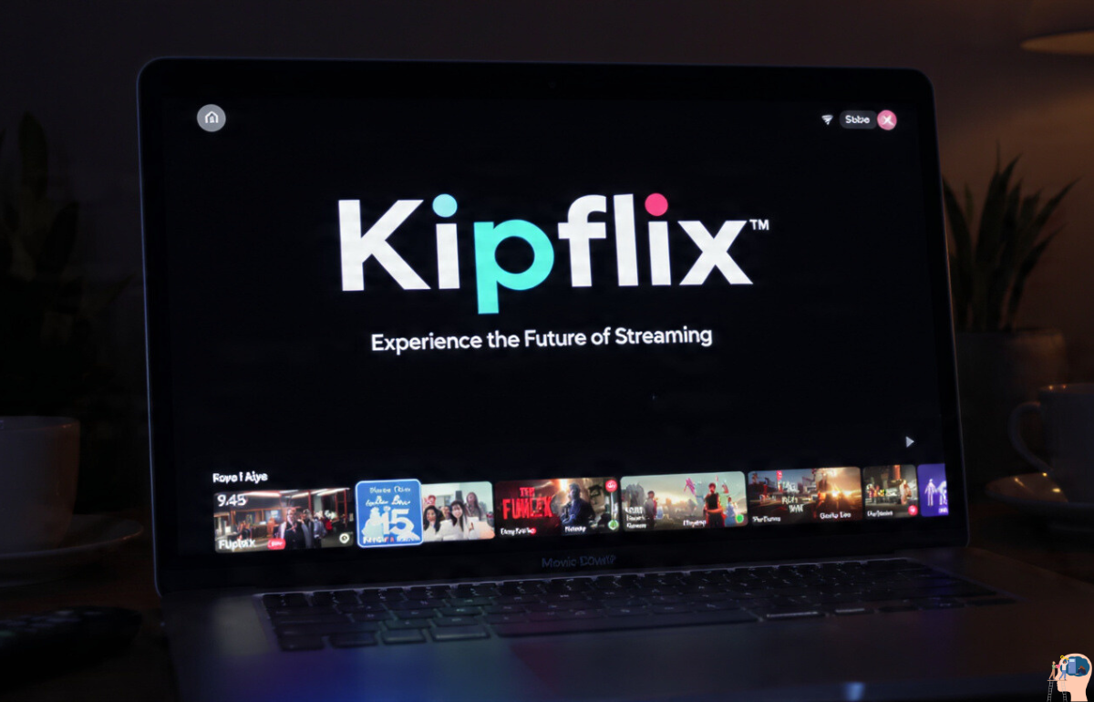 Kipflix streaming platform showing a variety of movies and TV shows on a laptop screen with the tagline "Experience the Future of Streaming.