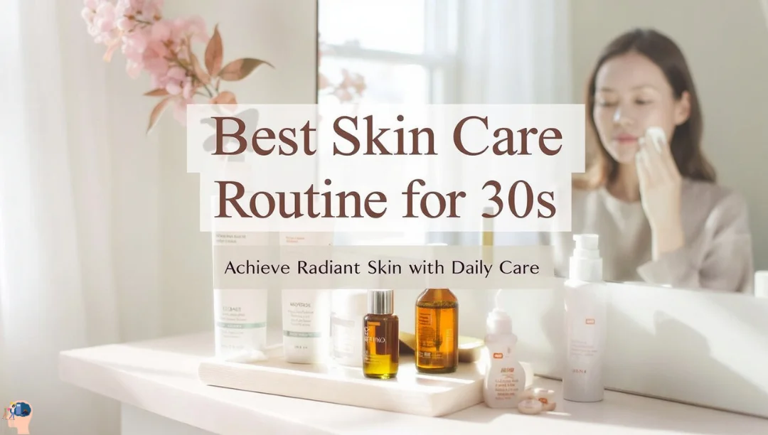 Best Skin Care Routine for 30s with skincare products and woman applying serum.