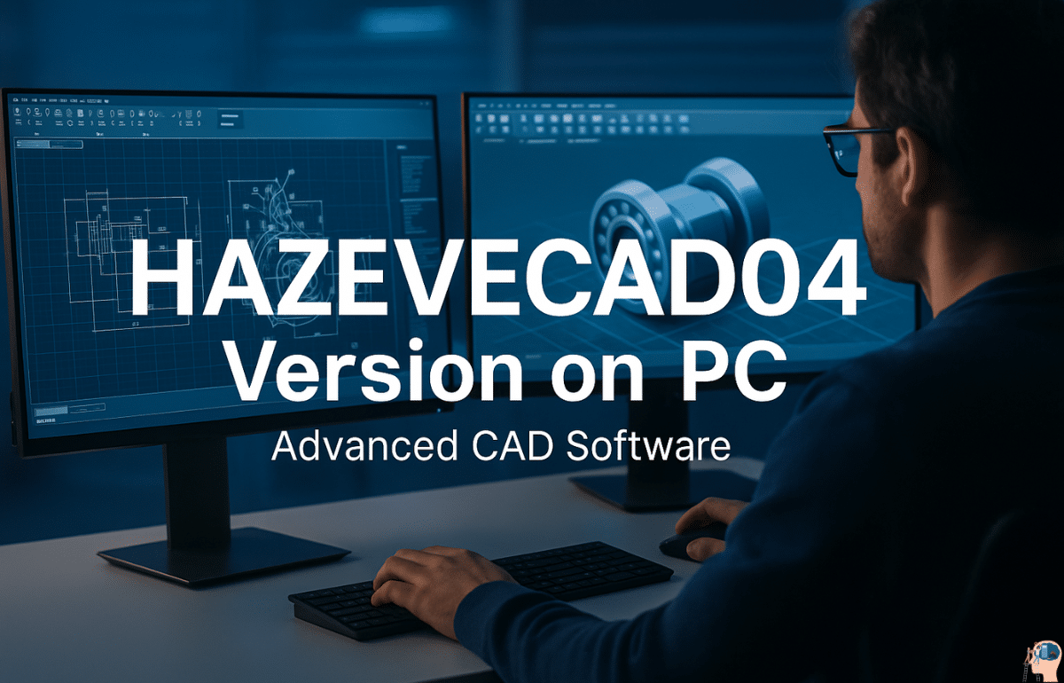 Designer working on dual monitors with 3D models and blueprints in a modern workspace, showcasing Hazevecad04 Version on PC.