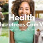 Smiling woman in green shirt symbolizing wellness, with images of outdoor exercise and healthy food, representing Health Threetrees Com VN and its focus on healthy living.