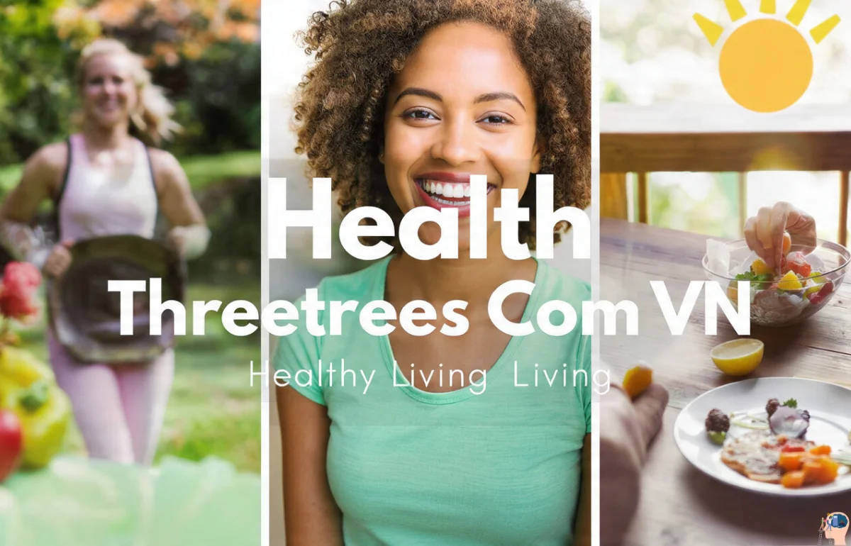 Smiling woman in green shirt symbolizing wellness, with images of outdoor exercise and healthy food, representing Health Threetrees Com VN and its focus on healthy living.