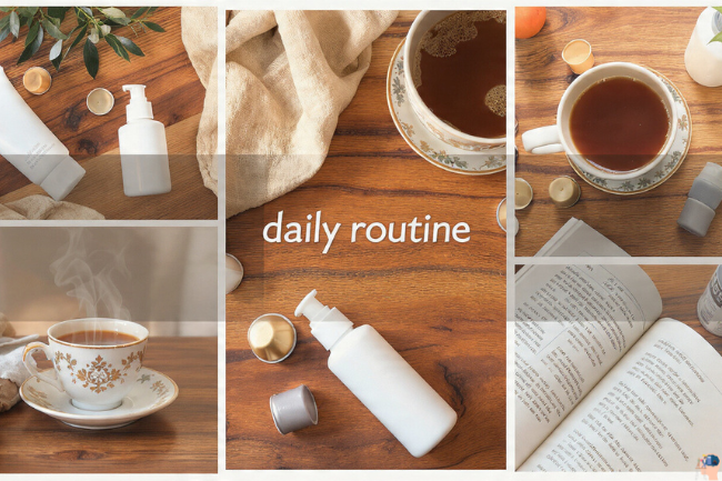 Dympigal daily routine with herbal tea, skincare, and wellness essentials on a wooden table