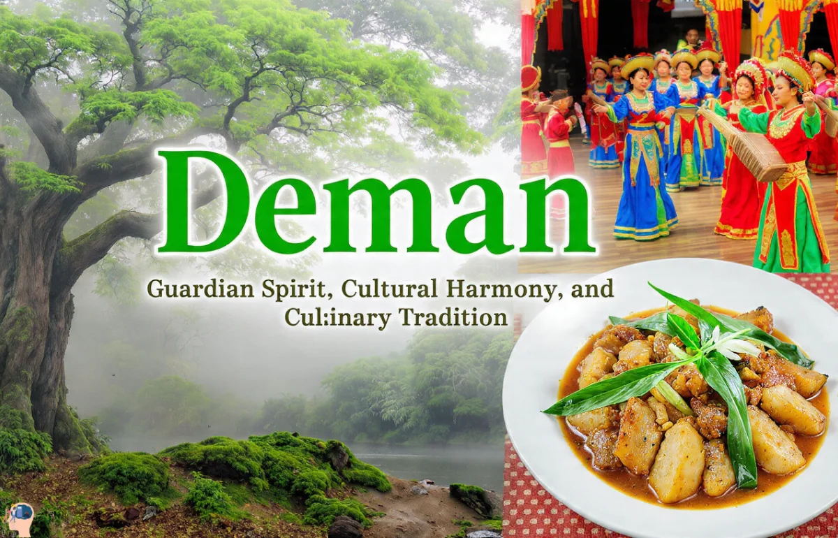 Đeman - Guardian Spirit, Cultural Harmony, and Culinary Tradition with a vibrant representation of forest, Vietnamese performance, and Southeast Asian cuisine.