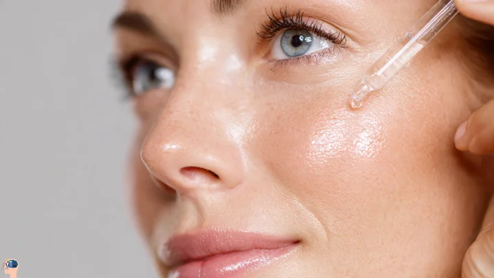 Close-up of a woman applying Vitamin C serum to her glowing skin, highlighting a skincare routine for radiant skin in her 30s.