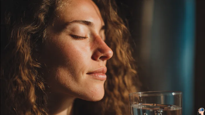 Close-up of a smiling woman with clear skin and curly hair, drinking water for internal hydration, reinforcing the best skin care routine for 30s