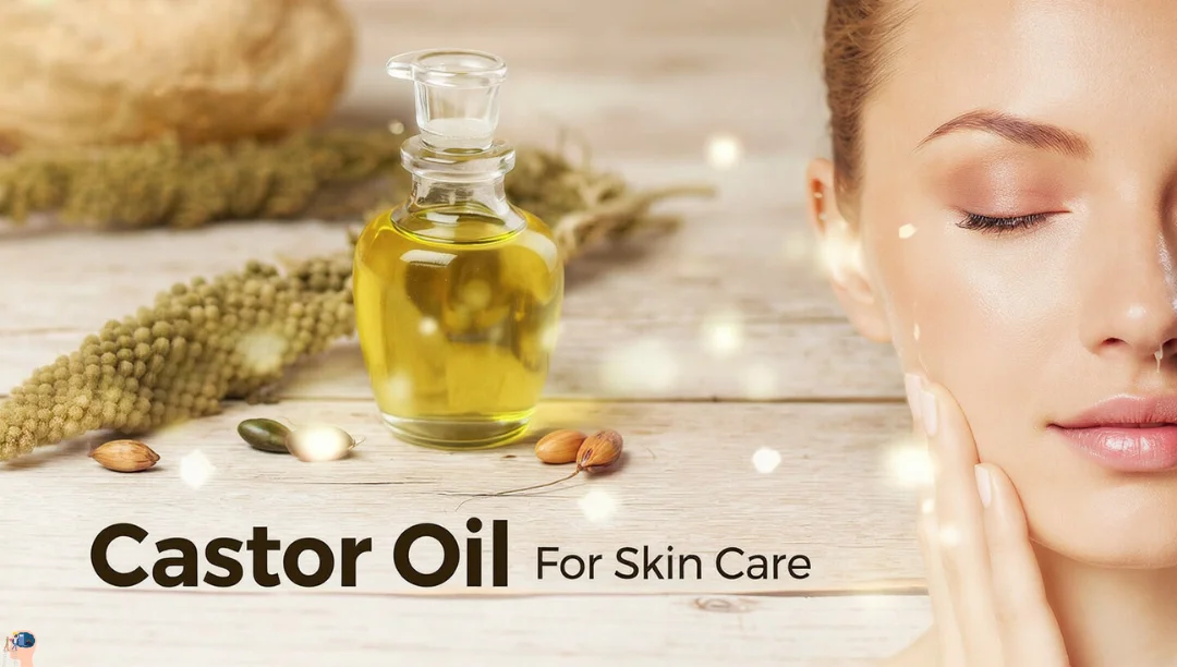Castor oil for skin care in a glass bottle with castor seeds, a woman applying the oil to her face for a glowing, healthy skin.