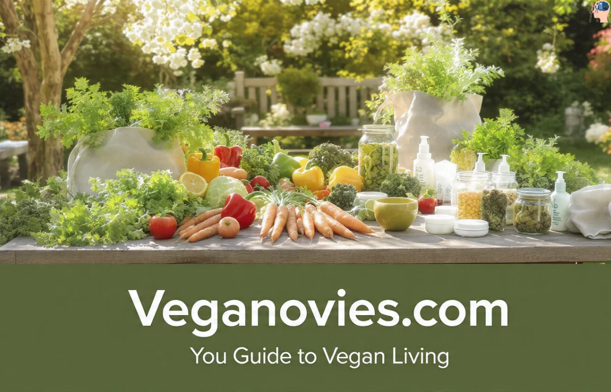Veganovies com - Fresh vegetables, eco-friendly products, and a sustainable lifestyle in a garden setting.