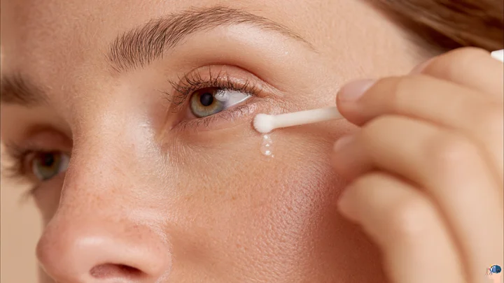 Woman carefully applying a small drop of castor oil for skin care near her under-eye area using a clean cotton swab for targeted application.
