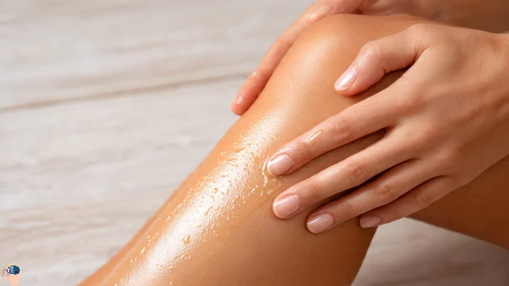 Close-up of hands gently massaging castor oil for skin care onto a smooth, moisturized leg, highlighting body application.