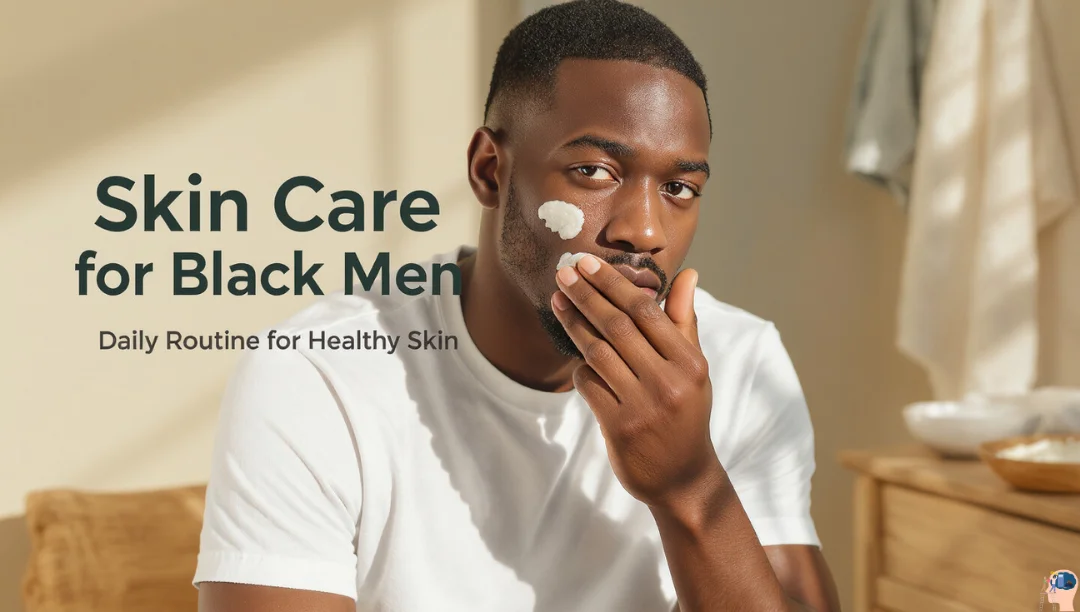 A Black man with a well-groomed beard applying white moisturizer or cream to his cheek as part of a daily skincare routine.