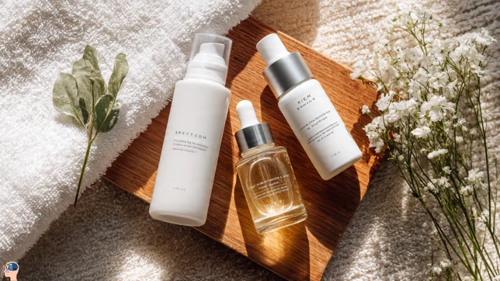 A flat lay image of various skin care for black men products, including white pump bottles and a dropper bottle of oil, placed on a small wooden tray with white towels and small white flowers.