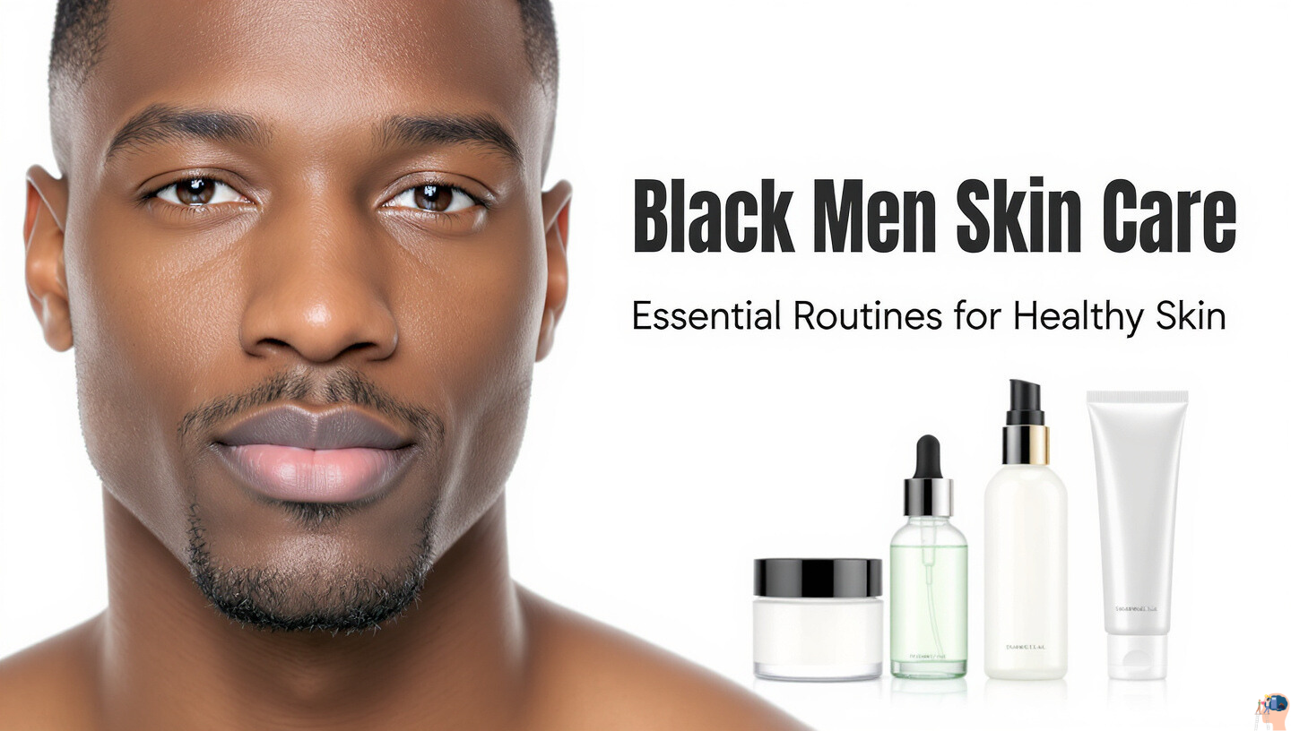 Close-up of a Black man with clear, healthy skin next to a collection of skin care products including a jar, dropper bottle, pump bottle, and tube, illustrating black men skin care routines.