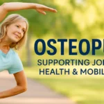 Middle-aged woman stretching outdoors symbolizing joint flexibility and wellness, promoting Osteopur natural joint health supplement.