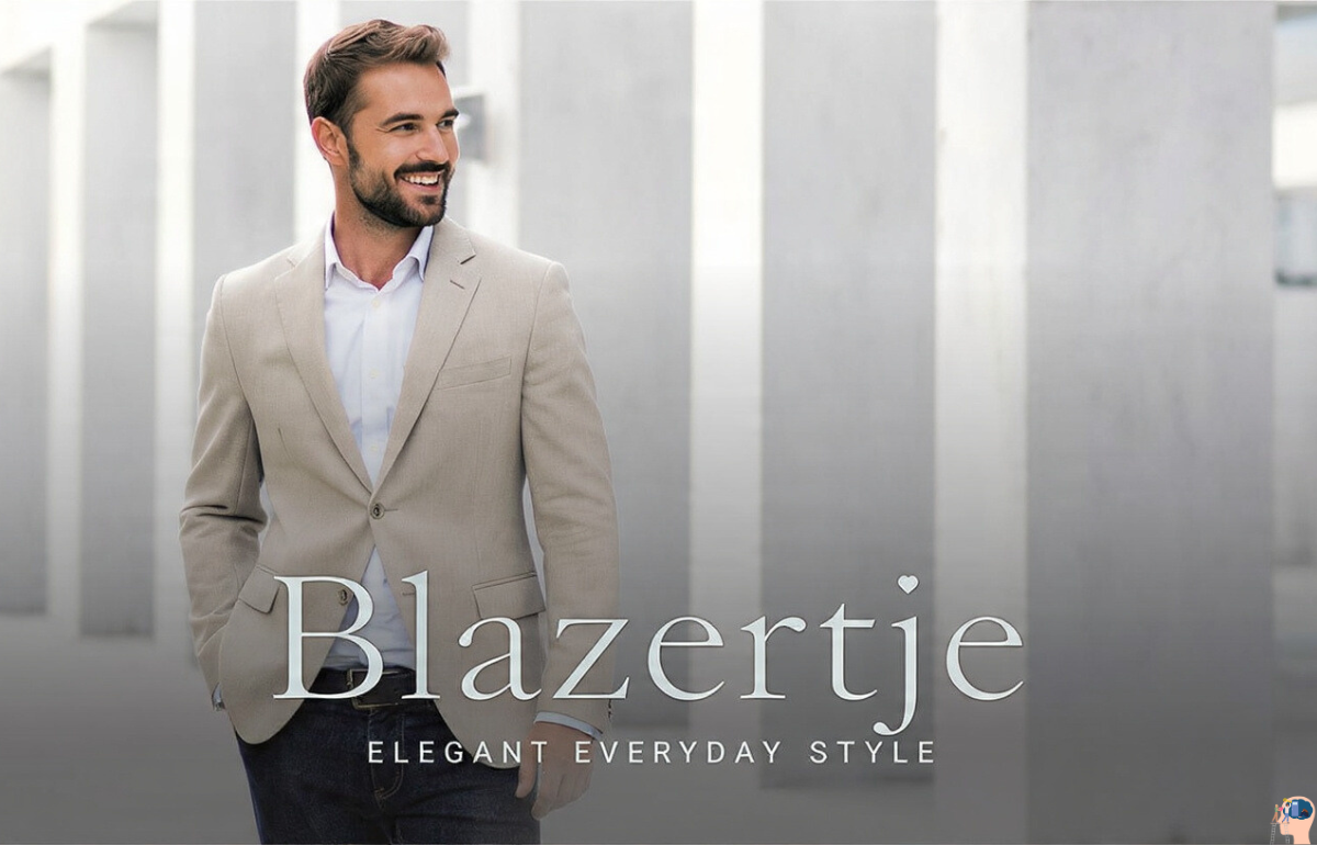 Man wearing a beige Blazertje paired with dark jeans, smiling confidently outdoors — symbolizing elegant everyday style.
