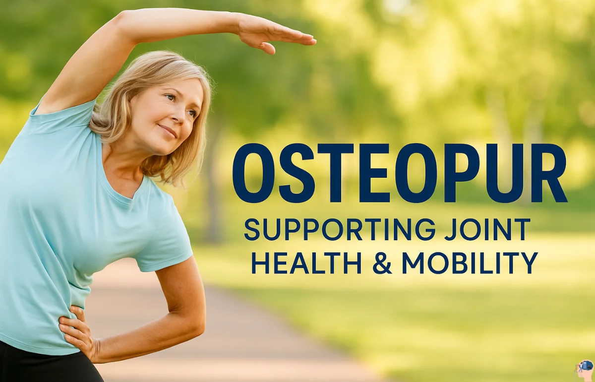 Middle-aged woman stretching outdoors symbolizing joint flexibility and wellness, promoting Osteopur natural joint health supplement.