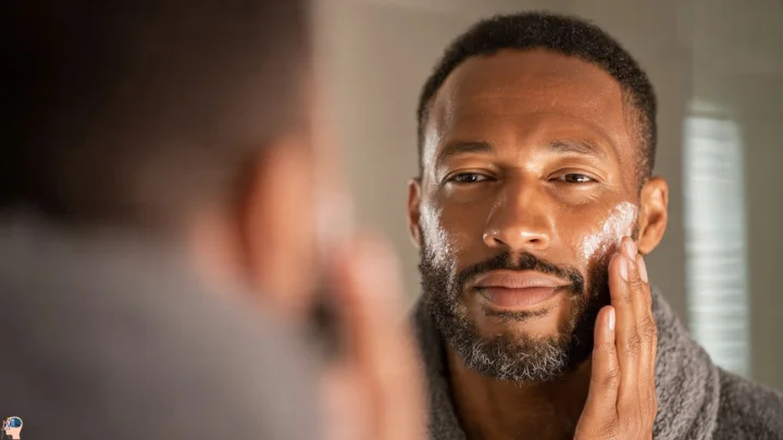 A Black man wearing a gray robe applying moisturizer or face cream to his cheek while looking at his reflection in a bathroom mirror, practicing black men skin care.