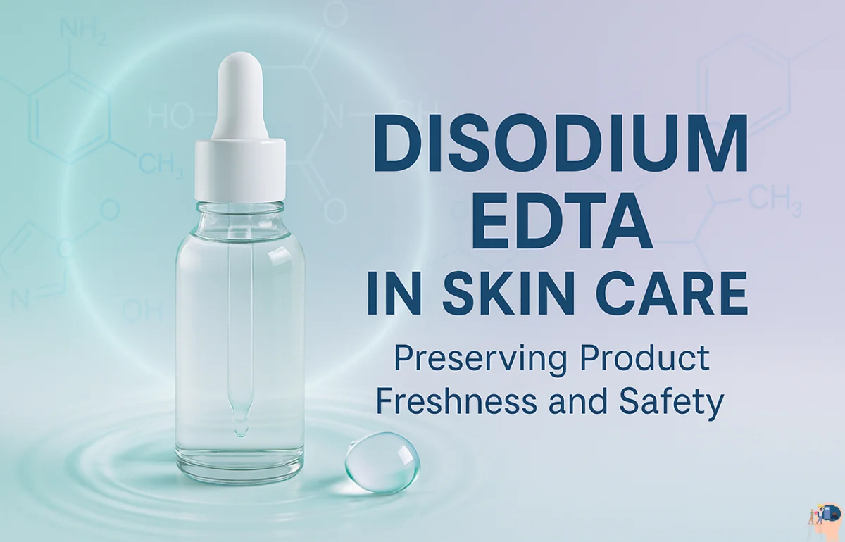 Disodium EDTA in Skin Care bottle on pastel background with water droplet and molecular icons symbolizing purity and protection.