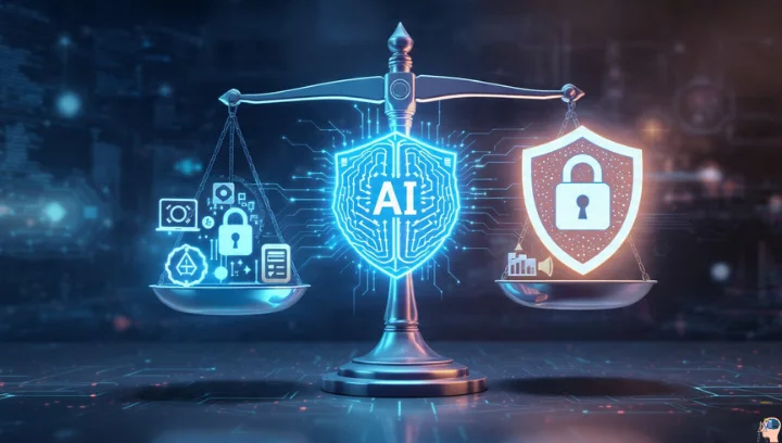 Iaoegynos2 balancing AI innovation and security risks with futuristic digital scale and neural visuals.