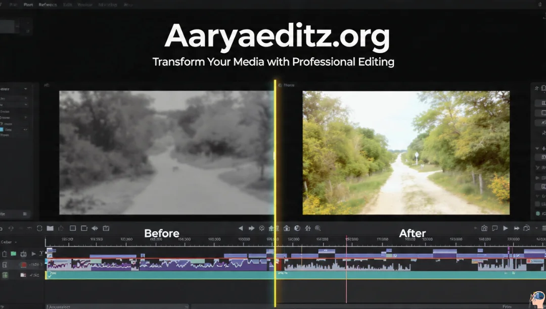 Aaryaeditz org shows a video editing 'Before & After' of a road, from dull to vibrant.