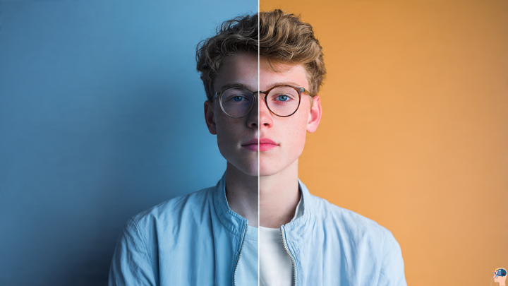 Aaryaeditz org photo editing 'Before & After' showing color correction on a portrait with split orange and blue background.